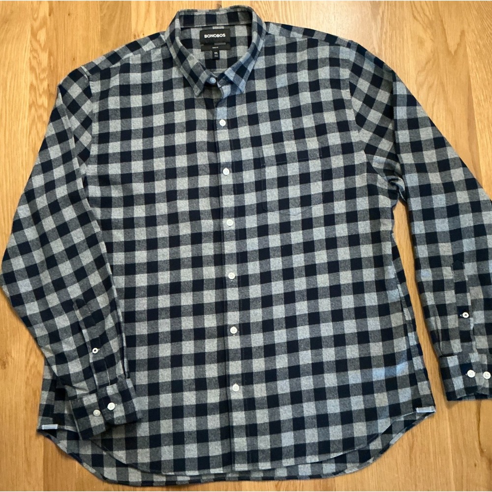 Bonobos Mens XXL Slim Fit Flannel Shirt Navy Gray Plaid 100% Cotton Button
